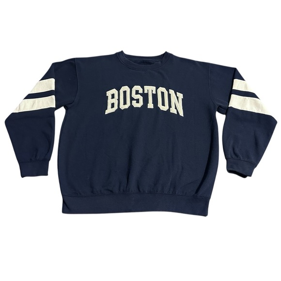 New York Popular Tops - New York Popular Boston Sweatshirt Navy Blue Large Preppy Academic Old Money
